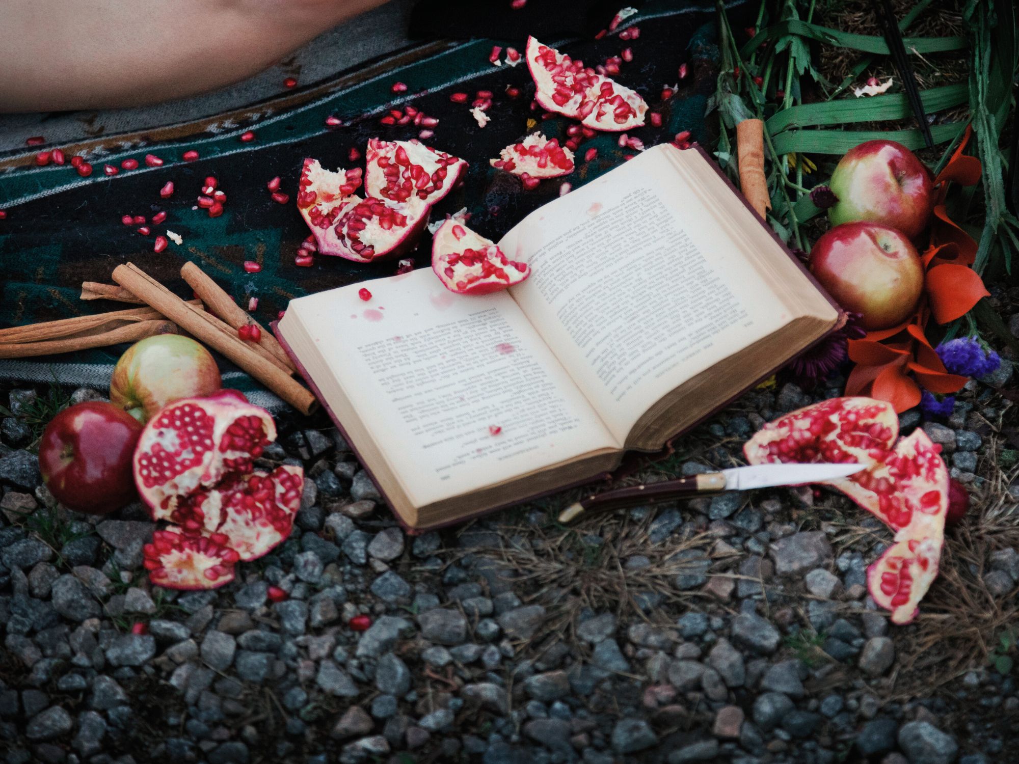 Livre ouvert sur des galets entouré de moitiés de grenade, de pommes, de bâtons de cannelle et de fleurs.